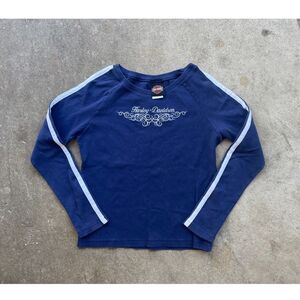 Y2K Harley Davidson Long Sleeve Top Navy Blue Tee Women